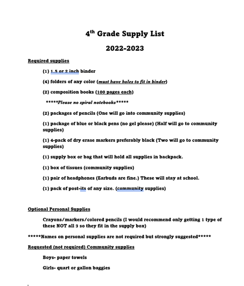 4th grade supply list